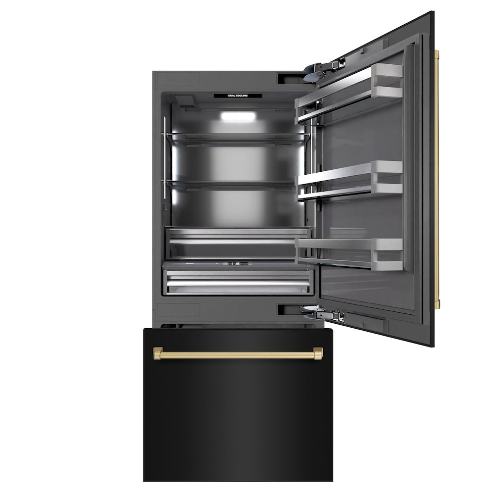 ZLINE Autograph Edition 36 in. 19.8 cu. ft. Built-In Bottom Freezer Refrigerator with Water Dispenser and Ice Maker in Black Stainless Steel with Graphite Gray Interior and Champagne Bronze Accents (GRBITZ-BS-36-CB) - (GRBITZBS36CB) -