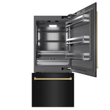 ZLINE Autograph Edition 36 in. 19.8 cu. ft. Built-In Bottom Freezer Refrigerator with Water Dispenser and Ice Maker in Black Stainless Steel with Graphite Gray Interior and Champagne Bronze Accents (GRBITZ-BS-36-CB) - (GRBITZBS36CB) -