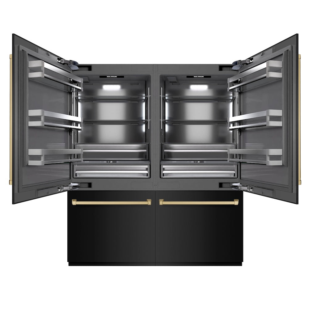 ZLINE Autograph Edition 72 in. 39.6 cu. ft. French Door Built-In Bottom Freezer Refrigerator with Water Dispensers and Ice Makers in Black Stainless Steel with Graphite Gray Interior and Champagne Bronze Accents (GRBITZ-BS-72-CB) - (GRBITZBS72CB) -
