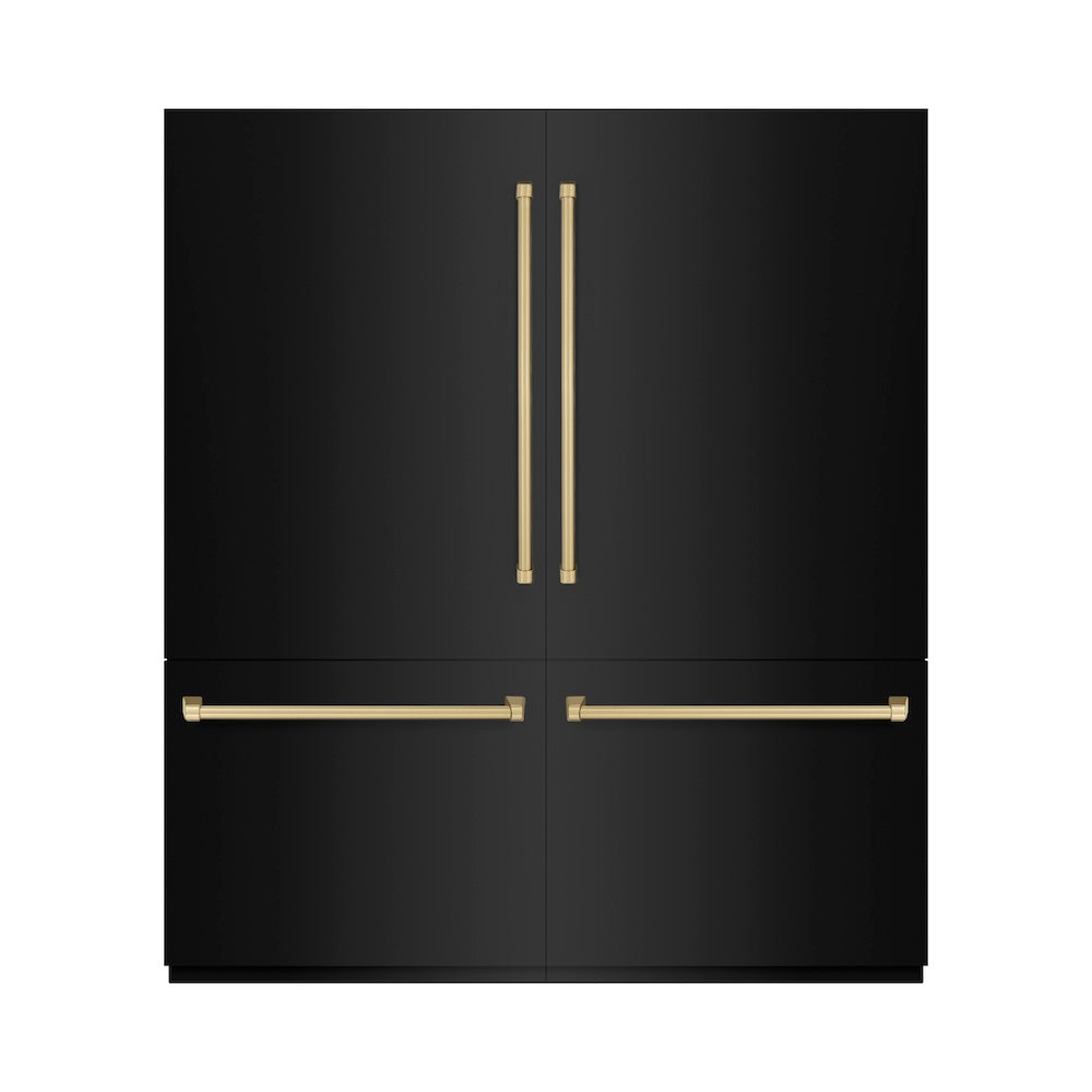 ZLINE Autograph Edition 72 in. 39.6 cu. ft. French Door Built-In Bottom Freezer Refrigerator with Water Dispensers and Ice Makers in Black Stainless Steel with Graphite Gray Interior and Champagne Bronze Accents (GRBITZ-BS-72-CB) - (GRBITZBS72CB) -
