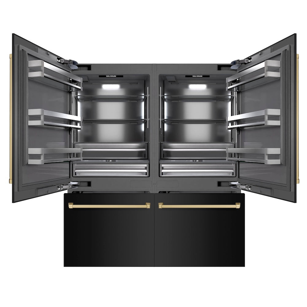 ZLINE Autograph Edition 72 in. 39.6 cu. ft. French Door Built-In Bottom Freezer Refrigerator with Water Dispensers and Ice Makers in Black Stainless Steel with Graphite Gray Interior and Champagne Bronze Accents (GRBITZ-BS-72-CB) - (GRBITZBS72CB) -