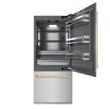 ZLINE Autograph Edition 36 in. 19.8 cu. ft. Built-In Bottom Freezer Refrigerator with Water Dispenser and Ice Maker in DuraSnow® Stainless Steel with Graphite Gray Interior and Champagne Bronze Accents (GRBITZ-SN-36-CB) - (GRBITZSN36CB) -