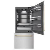ZLINE Autograph Edition 36 in. 19.8 cu. ft. Built-In Bottom Freezer Refrigerator with Water Dispenser and Ice Maker in DuraSnow® Stainless Steel with Graphite Gray Interior and Champagne Bronze Accents (GRBITZ-SN-36-CB) - (GRBITZSN36CB) -
