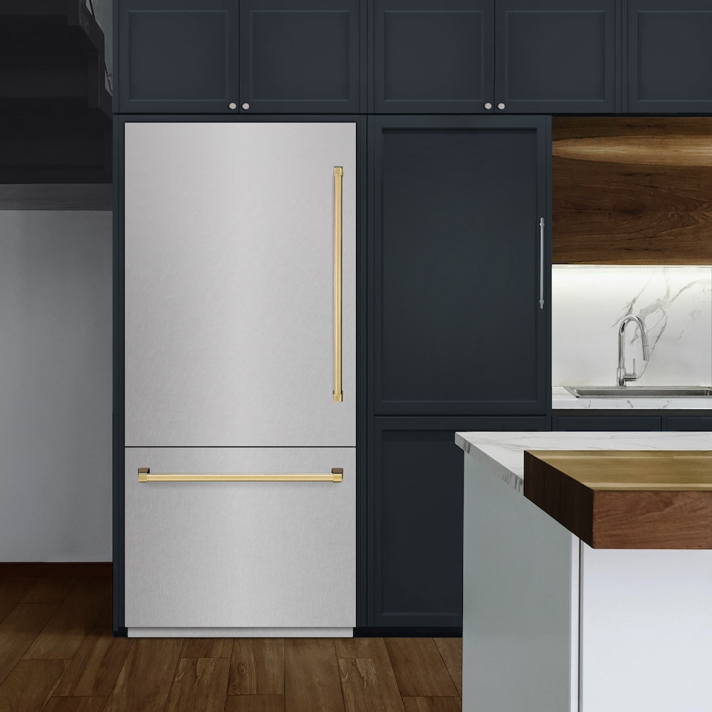 ZLINE Autograph Edition 36 in. 19.8 cu. ft. Built-In Bottom Freezer Refrigerator with Water Dispenser and Ice Maker in DuraSnow® Stainless Steel with Graphite Gray Interior and Polished Gold Accents (GRBITZ-SN-36-G) - (GRBITZSN36G) -