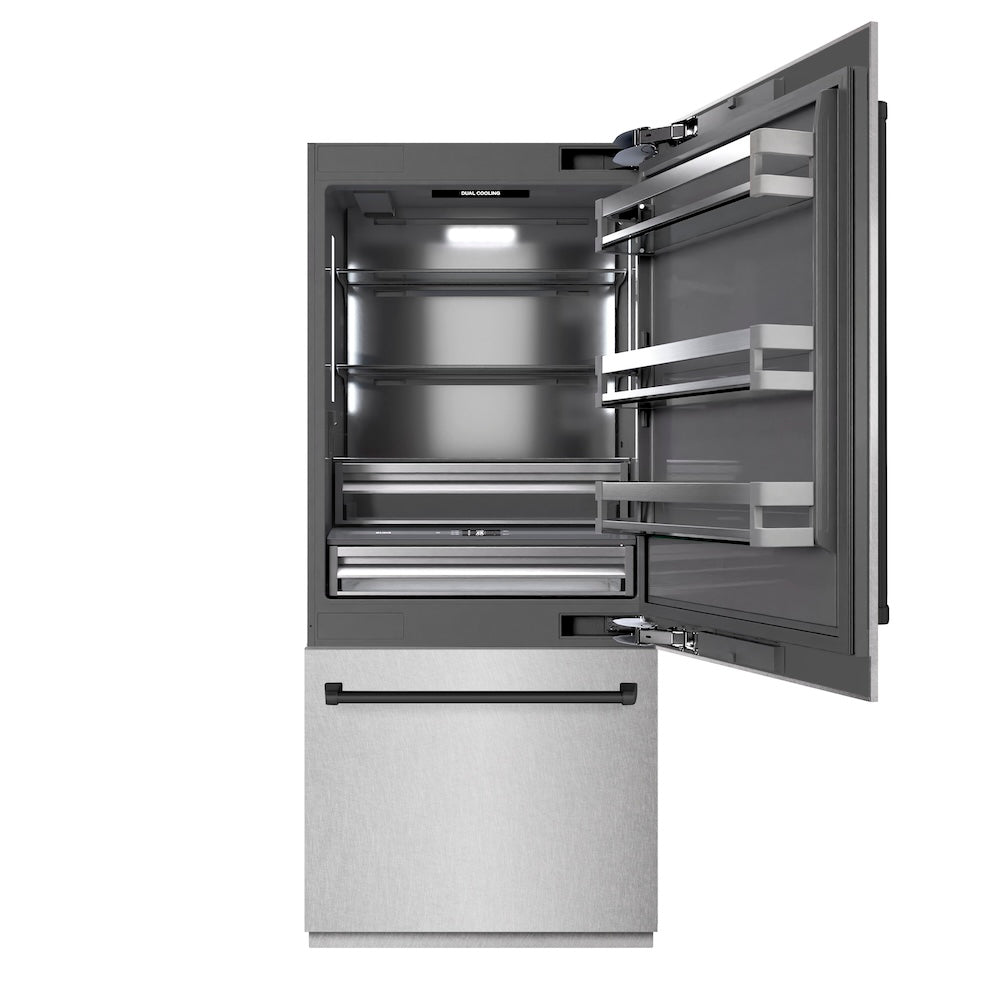 ZLINE Autograph Edition 36 in. 19.8 cu. ft. Built-In Bottom Freezer Refrigerator with Water Dispenser and Ice Maker in DuraSnow® Stainless Steel with Graphite Gray Interior and Matte Black Accents (GRBITZ-SN-36-MB) - (GRBITZSN36MB) -