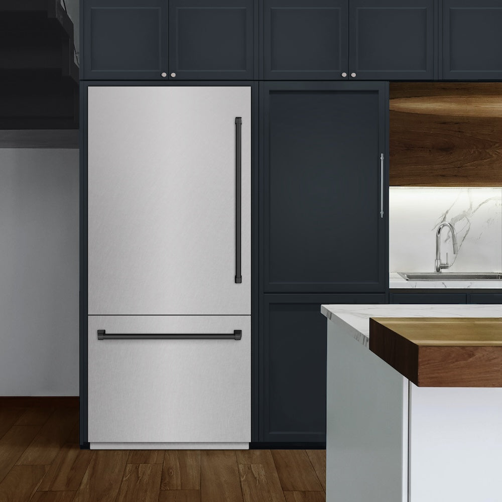 ZLINE Autograph Edition 36 in. 19.8 cu. ft. Built-In Bottom Freezer Refrigerator with Water Dispenser and Ice Maker in DuraSnow® Stainless Steel with Graphite Gray Interior and Matte Black Accents (GRBITZ-SN-36-MB) - (GRBITZSN36MB) -