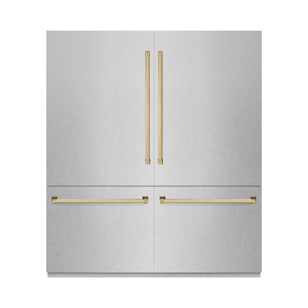 ZLINE Autograph Edition 72 in. 39.6 cu. ft. French Door Built-In Bottom Freezer Refrigerator with Water Dispensers and Ice Makers in DuraSnow® Stainless Steel with Graphite Gray Interior and Polished Gold Accents (GRBITZ-SN-72-G) - (GRBITZSN72G) -