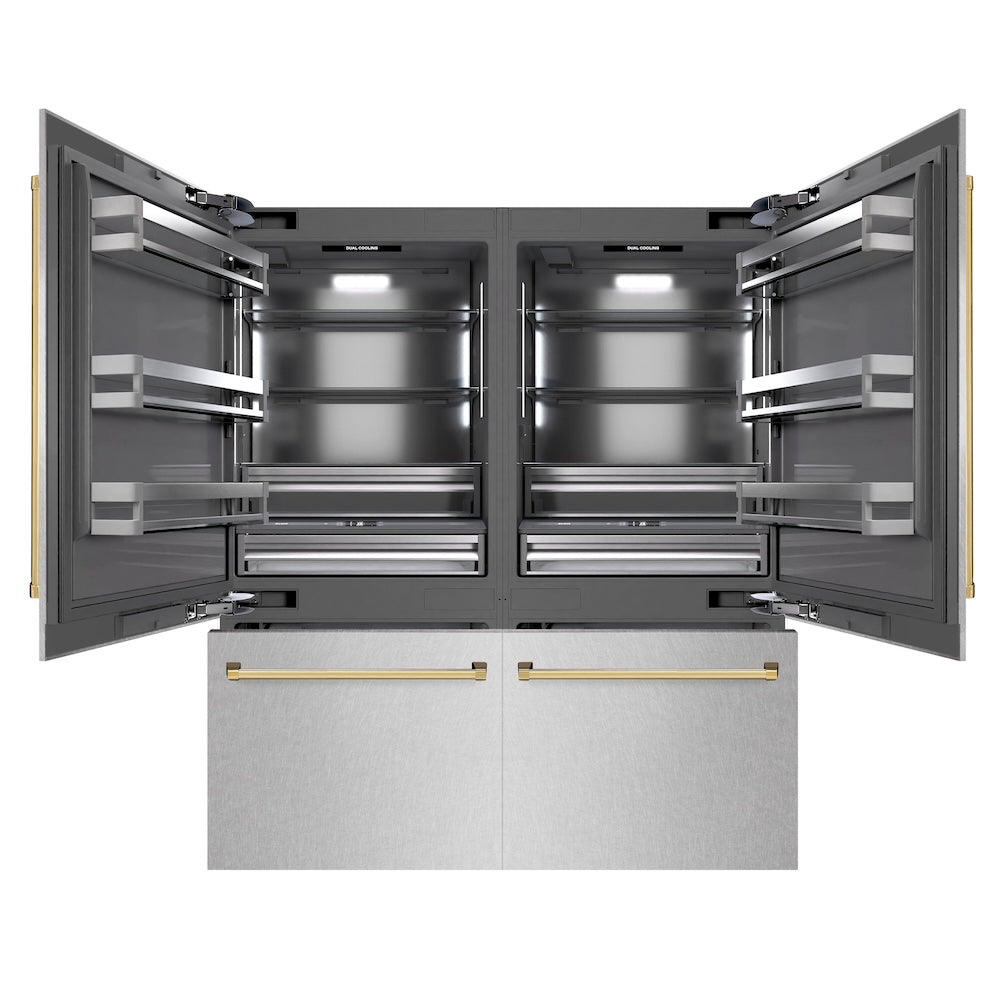 ZLINE Autograph Edition 72 in. 39.6 cu. ft. French Door Built-In Bottom Freezer Refrigerator with Water Dispensers and Ice Makers in DuraSnow® Stainless Steel with Graphite Gray Interior and Polished Gold Accents (GRBITZ-SN-72-G) - (GRBITZSN72G) -