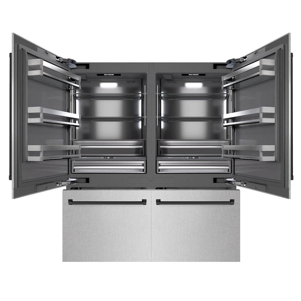 ZLINE Autograph Edition 72 in. 39.6 cu. ft. French Door Built-In Bottom Freezer Refrigerator with Water Dispensers and Ice Makers in DuraSnow® Stainless Steel with Graphite Gray Interior and Matte Black Accents (GRBITZ-SN-72-MB) - (GRBITZSN72MB) -