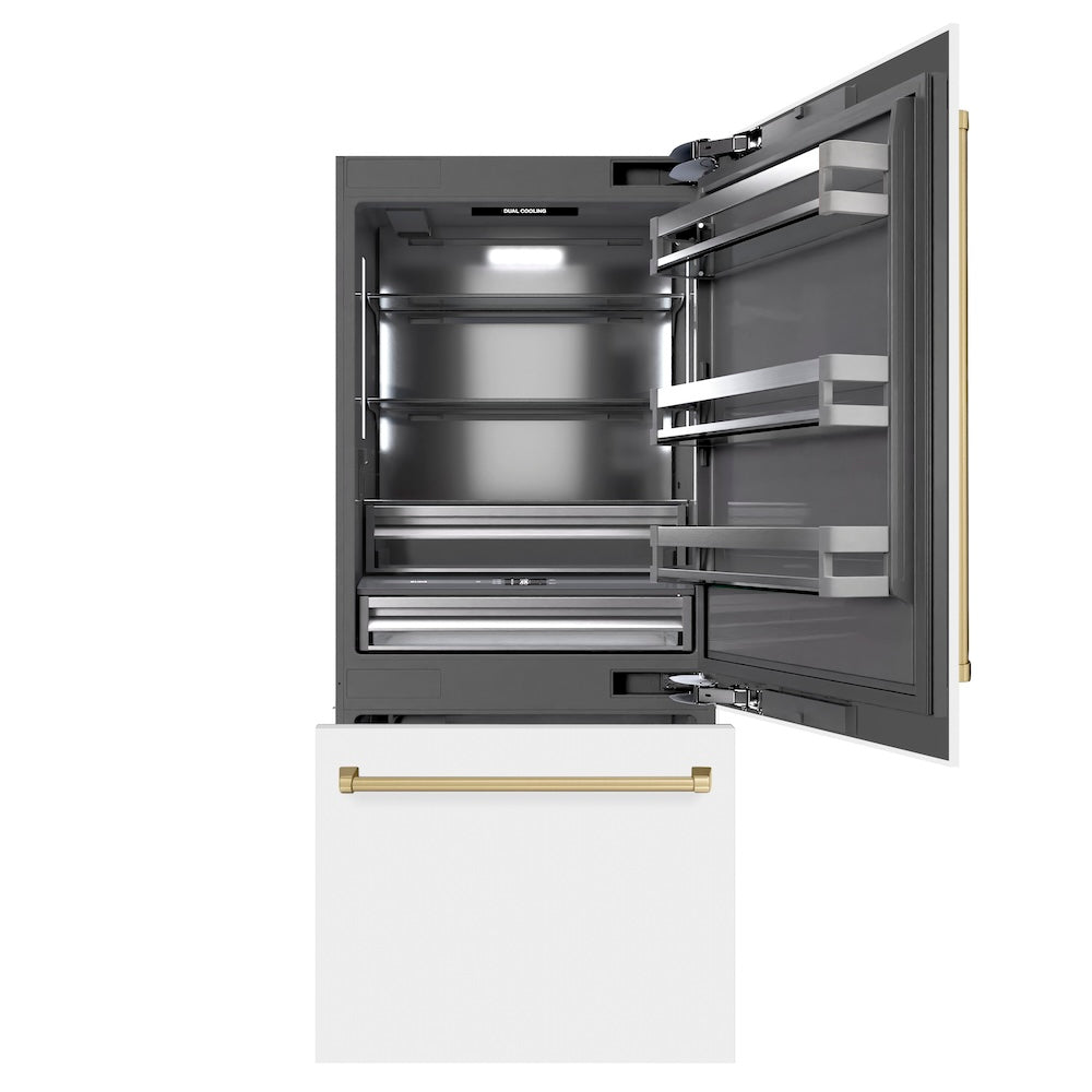 ZLINE Autograph Edition 36 in. 19.8 cu. ft. Built-In Bottom Freezer Refrigerator with Water Dispenser and Ice Maker in White Matte with Graphite Gray Interior and Champagne Bronze Accents (GRBITZ-WM-36-CB) - (GRBITZWM36CB) -