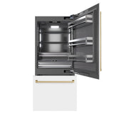 ZLINE Autograph Edition 36 in. 19.8 cu. ft. Built-In Bottom Freezer Refrigerator with Water Dispenser and Ice Maker in White Matte with Graphite Gray Interior and Champagne Bronze Accents (GRBITZ-WM-36-CB) - (GRBITZWM36CB) -