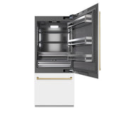 ZLINE Autograph Edition 36 in. 19.8 cu. ft. Built-In Bottom Freezer Refrigerator with Water Dispenser and Ice Maker in White Matte with Graphite Gray Interior and Champagne Bronze Accents (GRBITZ-WM-36-CB) - (GRBITZWM36CB) -