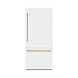 ZLINE Autograph Edition 36 in. 19.8 cu. ft. Built-In Bottom Freezer Refrigerator with Water Dispenser and Ice Maker in White Matte with Graphite Gray Interior and Champagne Bronze Accents (GRBITZ-WM-36-CB) - (GRBITZWM36CB) -