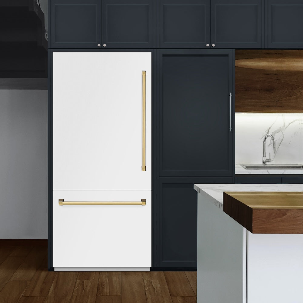 ZLINE Autograph Edition 36 in. 19.8 cu. ft. Built-In Bottom Freezer Refrigerator with Water Dispenser and Ice Maker in White Matte with Graphite Gray Interior and Polished Gold Accents (GRBITZ-WM-36-G) - (GRBITZWM36G) -