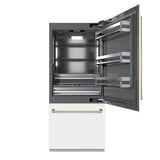 ZLINE Autograph Edition 36 in. 19.8 cu. ft. Built-In Bottom Freezer Refrigerator with Water Dispenser and Ice Maker in White Matte with Graphite Gray Interior and Polished Gold Accents (GRBITZ-WM-36-G) - (GRBITZWM36G) -