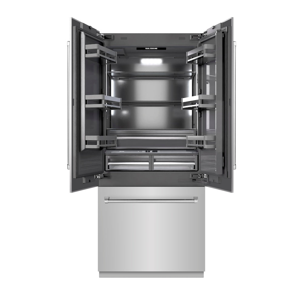 ZLINE 36 in. 19.6 cu. ft. French Door Built-In Bottom Freezer Refrigerator with Water Dispenser and Ice Maker in Stainless Steel with Graphite Gray Interior (GRBIV-304-36) - (GRBIV30436) -