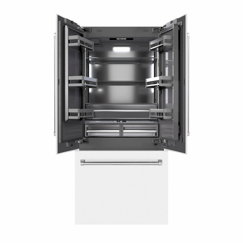 ZLINE 36 in. 19.6 cu. ft. French Door Built-In Bottom Freezer Refrigerator with Water Dispenser and Ice Maker in White Matte with Graphite Gray Interior (GRBIV-WM-36) - (GRBIVWM36) -