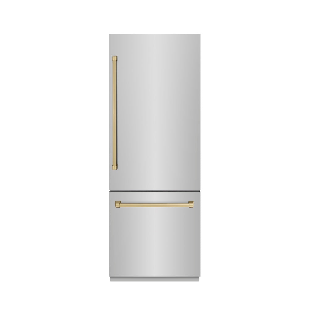 ZLINE Autograph Edition 30 in. 16.1 cu. ft. Built-In Bottom Freezer Refrigerator with Water Dispenser and Ice Maker in Stainless Steel with Graphite Gray Interior and Champagne Bronze Accents (GRBIVZ-304-30CB) - (GRBIVZ30430CB) -
