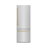ZLINE Autograph Edition 30 in. 16.1 cu. ft. Built-In Bottom Freezer Refrigerator with Water Dispenser and Ice Maker in Stainless Steel with Graphite Gray Interior and Champagne Bronze Accents (GRBIVZ-304-30CB) - (GRBIVZ30430CB) -