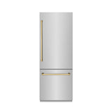 ZLINE Autograph Edition 30 in. 16.1 cu. ft. Built-In Bottom Freezer Refrigerator with Water Dispenser and Ice Maker in Stainless Steel with Graphite Gray Interior and Polished Gold Accents (GRBIVZ-304-30G) - (GRBIVZ30430G) -