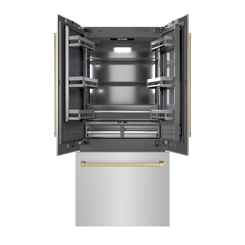 ZLINE Autograph Edition 36 in. 19.6 cu. ft. French Door Built-In Bottom Freezer Refrigerator with Water Dispenser and Ice Maker in Stainless Steel with Graphite Gray Interior and Champagne Bronze Accents (GRBIVZ-304-36CB) - (GRBIVZ30436CB) -