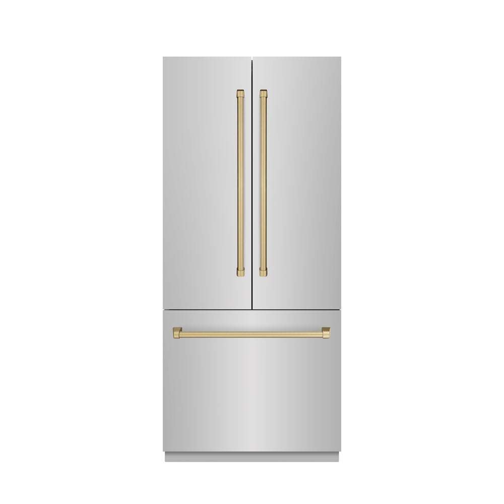 ZLINE Autograph Edition 36 in. 19.6 cu. ft. French Door Built-In Bottom Freezer Refrigerator with Water Dispenser and Ice Maker in Stainless Steel with Graphite Gray Interior and Champagne Bronze Accents (GRBIVZ-304-36CB) - (GRBIVZ30436CB) -