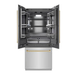 ZLINE Autograph Edition 36 in. 19.6 cu. ft. French Door Built-In Bottom Freezer Refrigerator with Water Dispenser and Ice Maker in Stainless Steel with Graphite Gray Interior and Champagne Bronze Accents (GRBIVZ-304-36CB) - (GRBIVZ30436CB) -