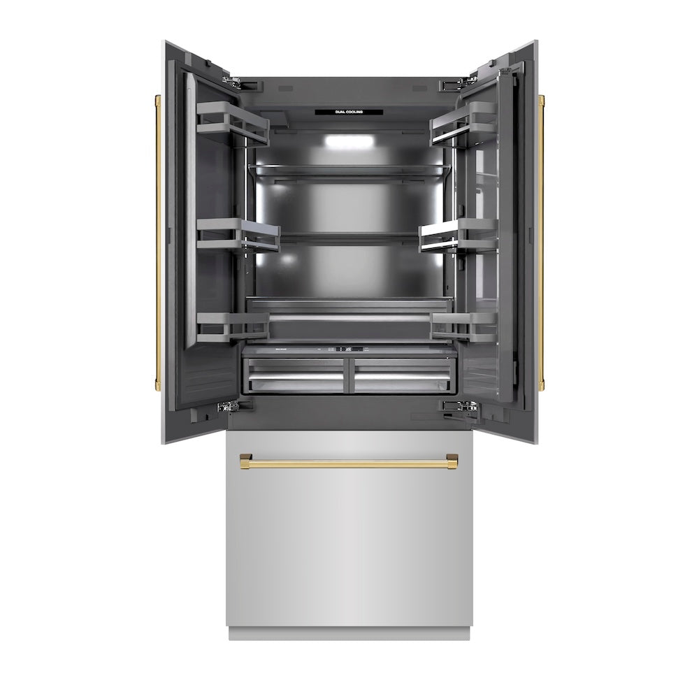 ZLINE Autograph Edition 36 in. 19.6 cu. ft. French Door Built-In Bottom Freezer Refrigerator with Water Dispenser and Ice Maker in Stainless Steel with Graphite Gray Interior and Polished Gold Accents (GRBIVZ-304-36G) - (GRBIVZ30436G) -