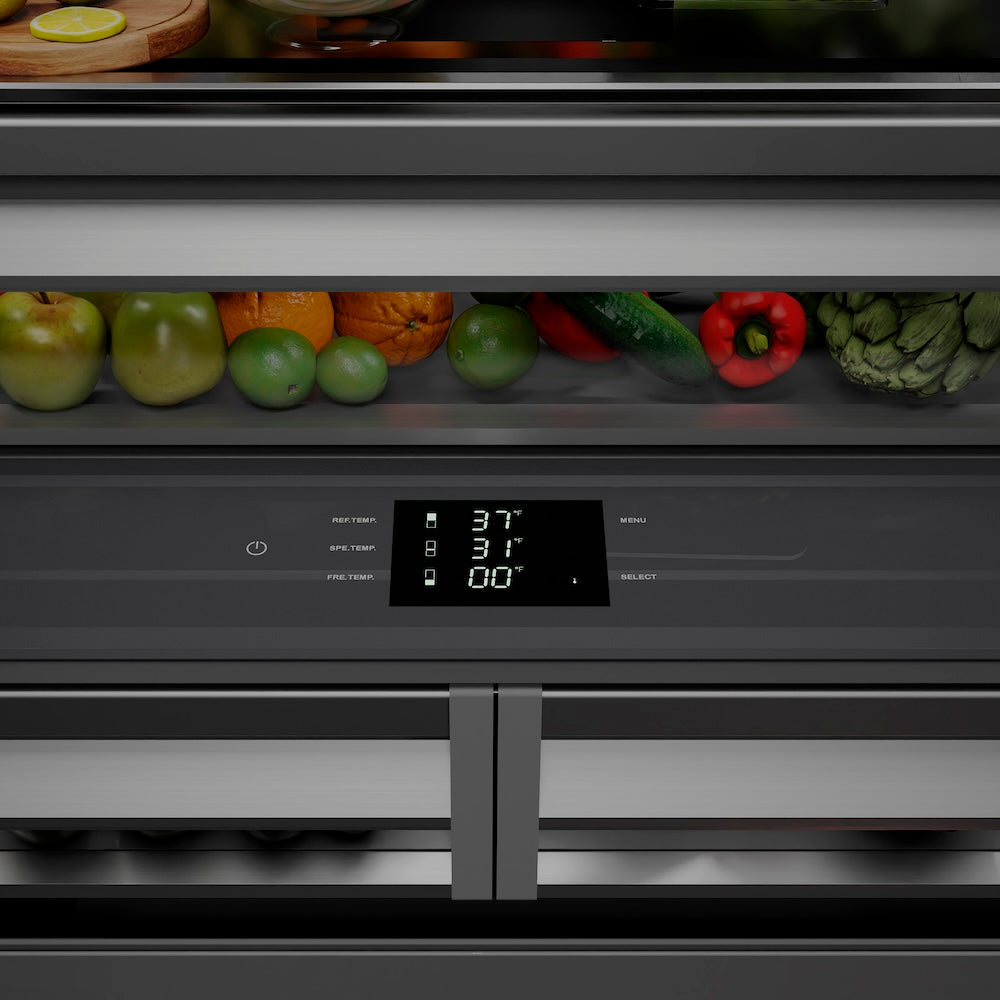 ZLINE Autograph Edition 36 in. 19.6 cu. ft. French Door Built-In Bottom Freezer Refrigerator with Water Dispenser and Ice Maker in Stainless Steel with Graphite Gray Interior and Polished Gold Accents (GRBIVZ-304-36G) - (GRBIVZ30436G) -