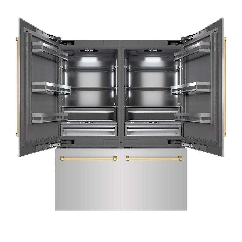 ZLINE Autograph Edition 60 in. 32.2 cu. ft. French Door Built-In Bottom Freezer Refrigerator with Water Dispenser and Ice Maker in Stainless Steel with Graphite Gray Interior and Champagne Bronze Accents (GRBIVZ-304-60CB) - (GRBIVZ30460CB) -