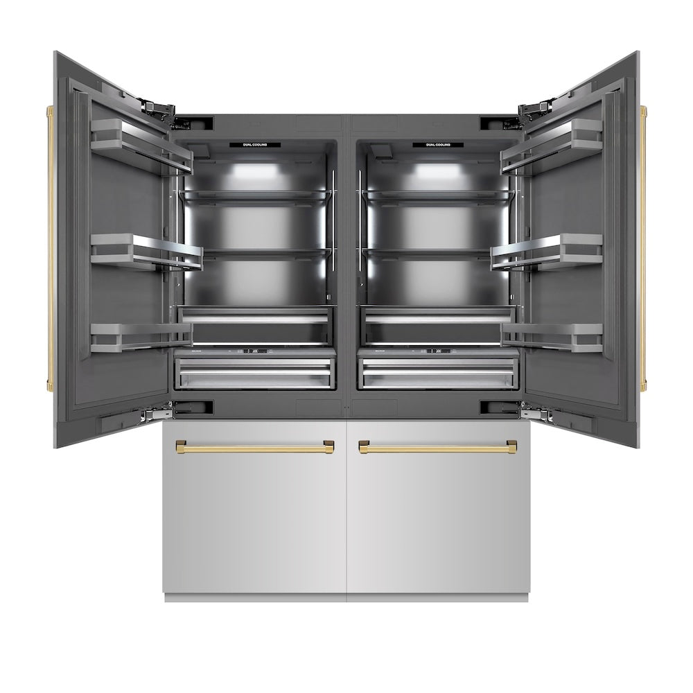 ZLINE Autograph Edition 60 in. 32.2 cu. ft. French Door Built-In Bottom Freezer Refrigerator with Water Dispenser and Ice Maker in Stainless Steel with Graphite Gray Interior and Polished Gold Accents (GRBIVZ-304-60G) - (GRBIVZ30460G) -