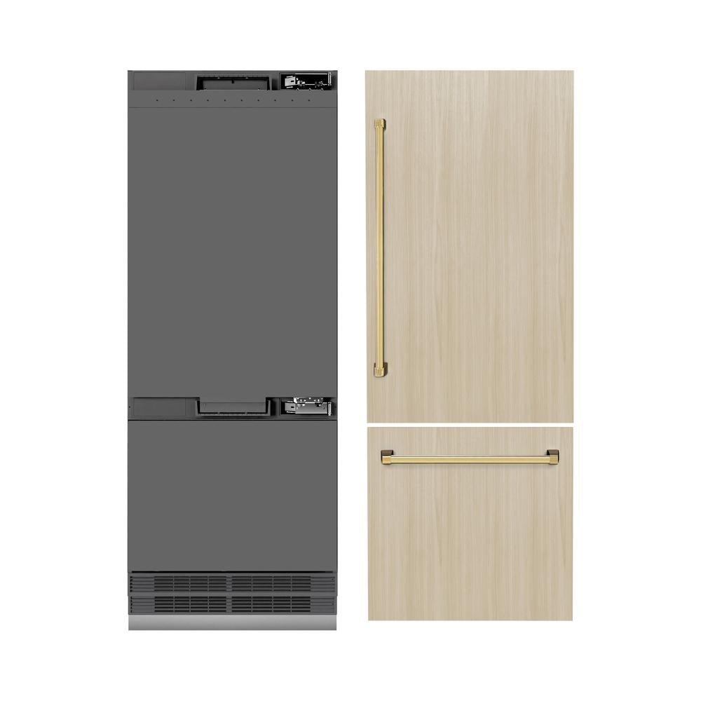 ZLINE Autograph Edition 30 in. 16.1 cu. ft. Panel Ready Built-In Bottom Freezer Refrigerator with Water Dispenser and Ice Maker with Graphite Gray Interior and Polished Gold Accents (GRBIVZ-30-G) - (GRBIVZ30G) -