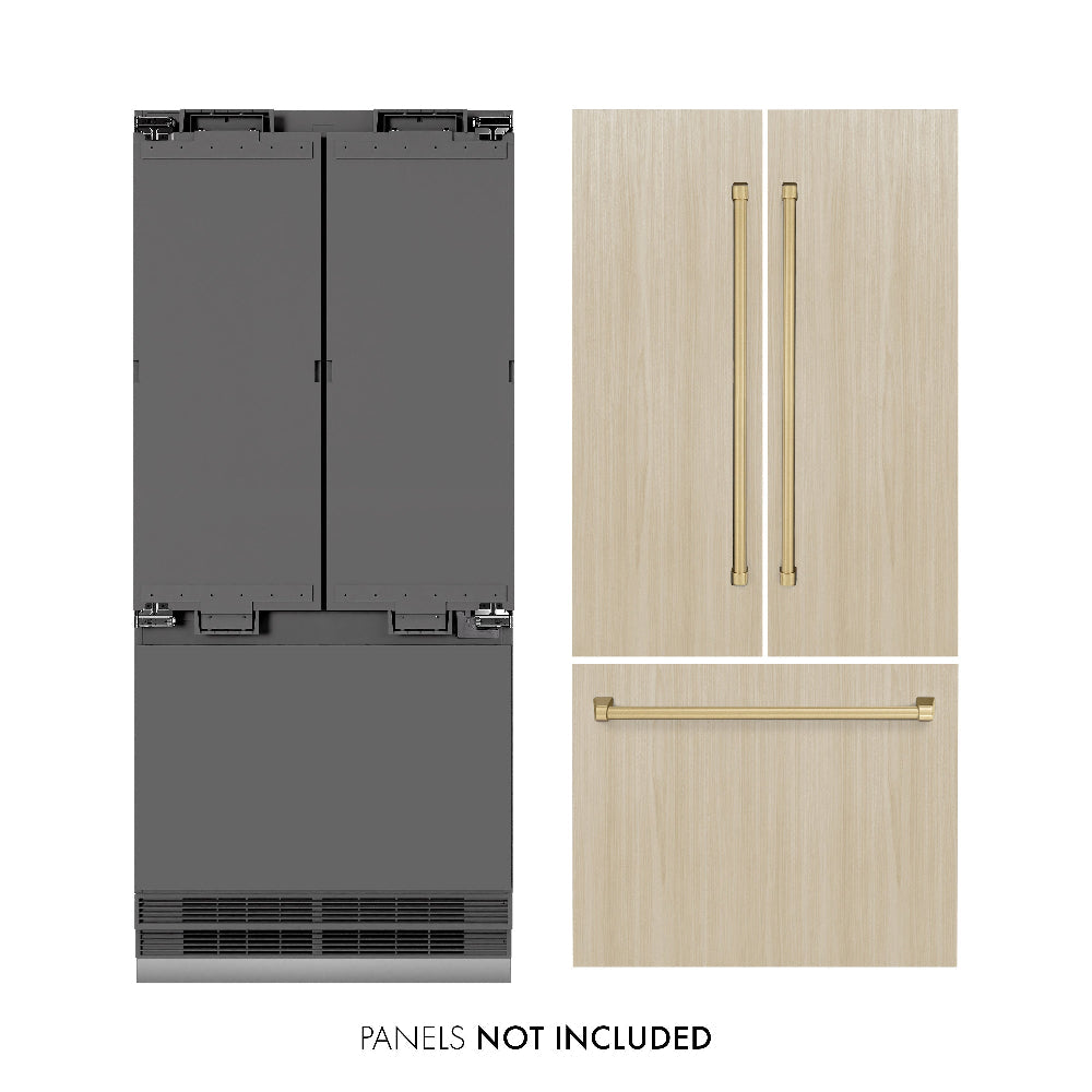 ZLINE Autograph Edition 36 in. 19.6 cu. ft. Panel Ready French Door Built-In Bottom Freezer Refrigerator with Water Dispenser and Ice Maker with Graphite Gray Interior and Champagne Bronze Accents (GRBIVZ-36-CB) - (GRBIVZ36CB) -