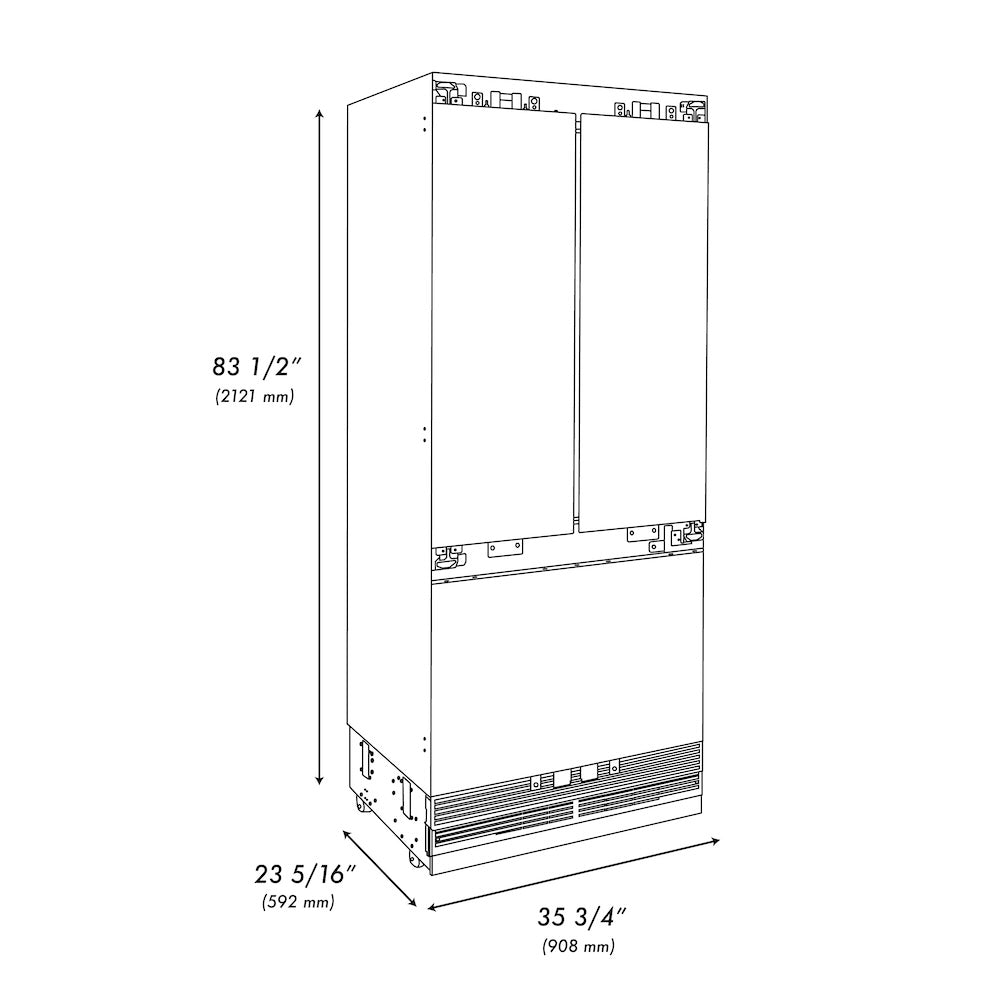 ZLINE Autograph Edition 36 in. 19.6 cu. ft. Panel Ready French Door Built-In Bottom Freezer Refrigerator with Water Dispenser and Ice Maker with Graphite Gray Interior and Champagne Bronze Accents (GRBIVZ-36-CB) - (GRBIVZ36CB) -