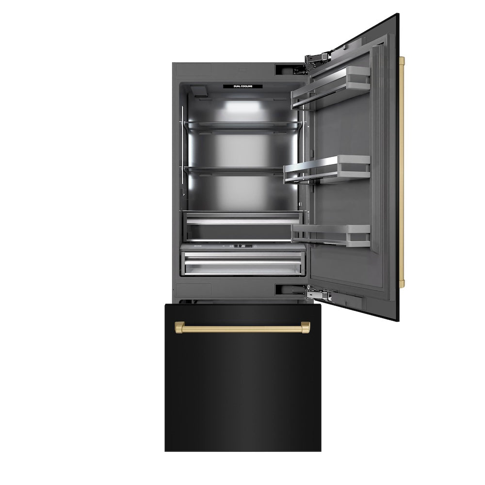 ZLINE Autograph Edition 30 in. 16.1 cu. ft. Built-In Bottom Freezer Refrigerator with Water Dispenser and Ice Maker in Black Stainless Steel with Graphite Gray Interior and Champagne Bronze Accents (GRBIVZ-BS-30-CB) - (GRBIVZBS30CB) -