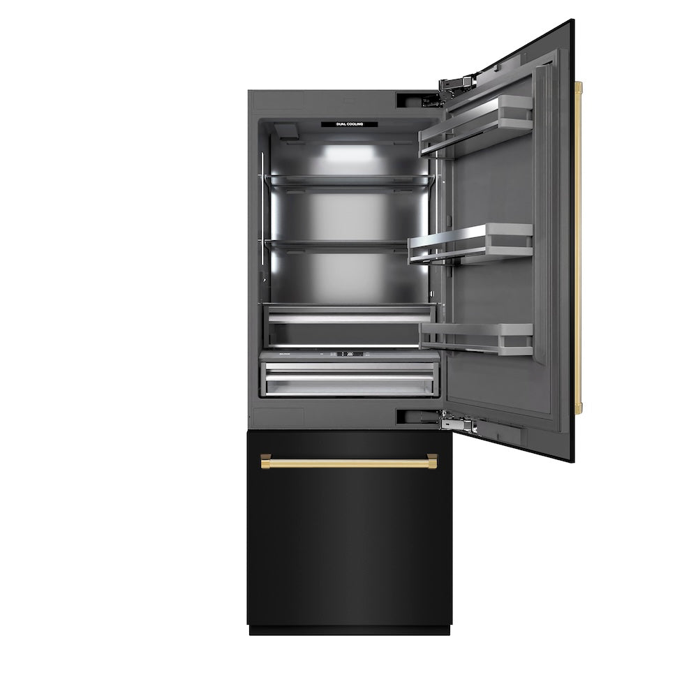 ZLINE Autograph Edition 30 in. 16.1 cu. ft. Built-In Bottom Freezer Refrigerator with Water Dispenser and Ice Maker in Black Stainless Steel with Graphite Gray Interior and Polished Gold Accents (GRBIVZ-BS-30-G) - (GRBIVZBS30G) -