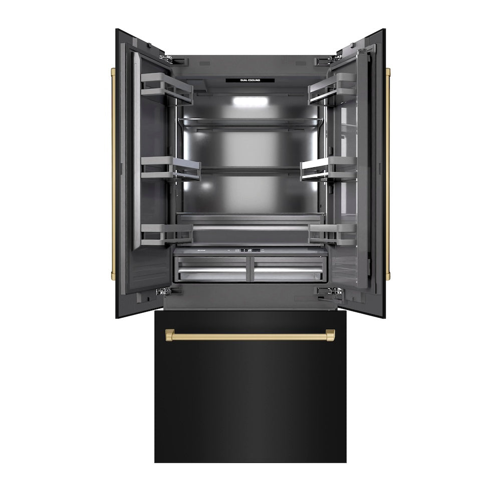 ZLINE Autograph Edition 36 in. 19.6 cu. ft. French Door Built-In Bottom Freezer Refrigerator with Water Dispenser and Ice Maker in Black Stainless Steel with Graphite Gray Interior and Champagne Bronze Accents (GRBIVZ-BS-36-CB) - (GRBIVZBS36CB) -