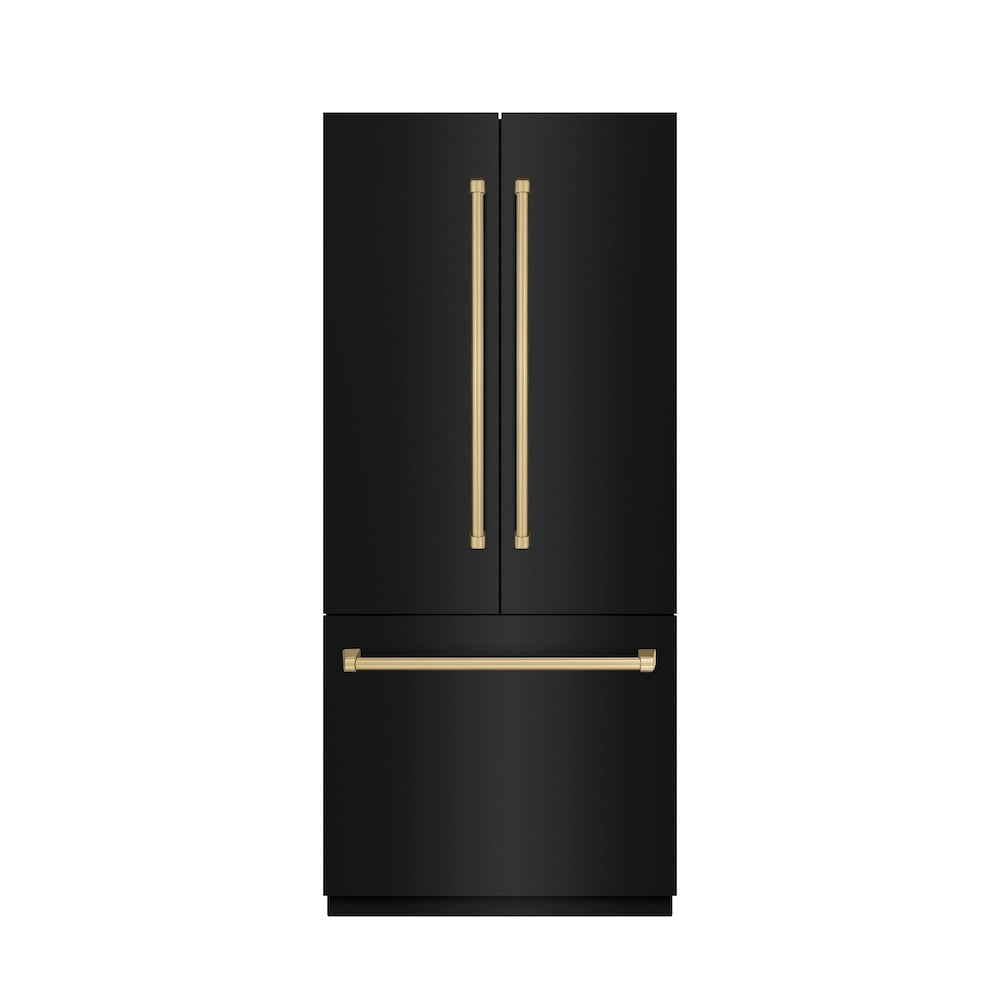 ZLINE Autograph Edition 36 in. 19.6 cu. ft. French Door Built-In Bottom Freezer Refrigerator with Water Dispenser and Ice Maker in Black Stainless Steel with Graphite Gray Interior and Champagne Bronze Accents (GRBIVZ-BS-36-CB) - (GRBIVZBS36CB) -