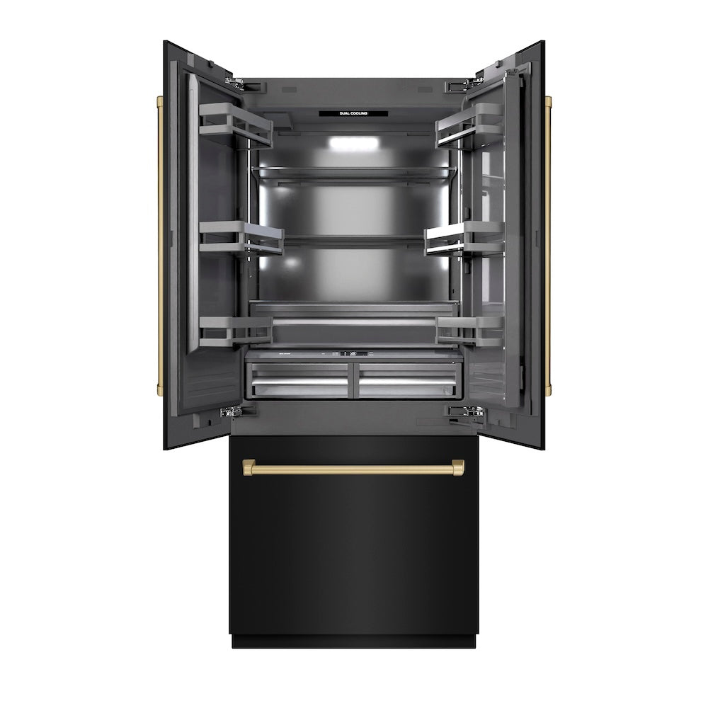 ZLINE Autograph Edition 36 in. 19.6 cu. ft. French Door Built-In Bottom Freezer Refrigerator with Water Dispenser and Ice Maker in Black Stainless Steel with Graphite Gray Interior and Champagne Bronze Accents (GRBIVZ-BS-36-CB) - (GRBIVZBS36CB) -