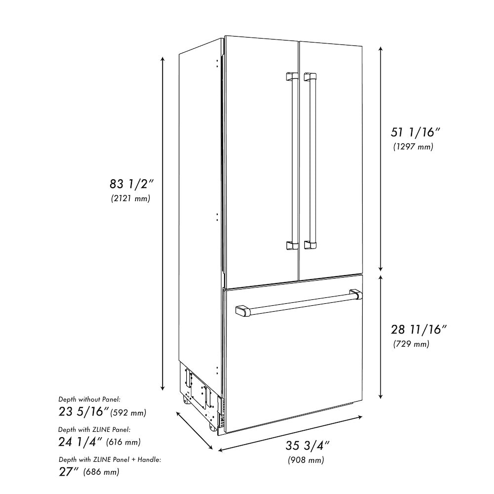 ZLINE Autograph Edition 36 in. 19.6 cu. ft. French Door Built-In Bottom Freezer Refrigerator with Water Dispenser and Ice Maker in Black Stainless Steel with Graphite Gray Interior and Champagne Bronze Accents (GRBIVZ-BS-36-CB) - (GRBIVZBS36CB) -