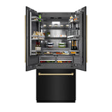 ZLINE Autograph Edition 36 in. 19.6 cu. ft. French Door Built-In Bottom Freezer Refrigerator with Water Dispenser and Ice Maker in Black Stainless Steel with Graphite Gray Interior and Champagne Bronze Accents (GRBIVZ-BS-36-CB) - (GRBIVZBS36CB) -
