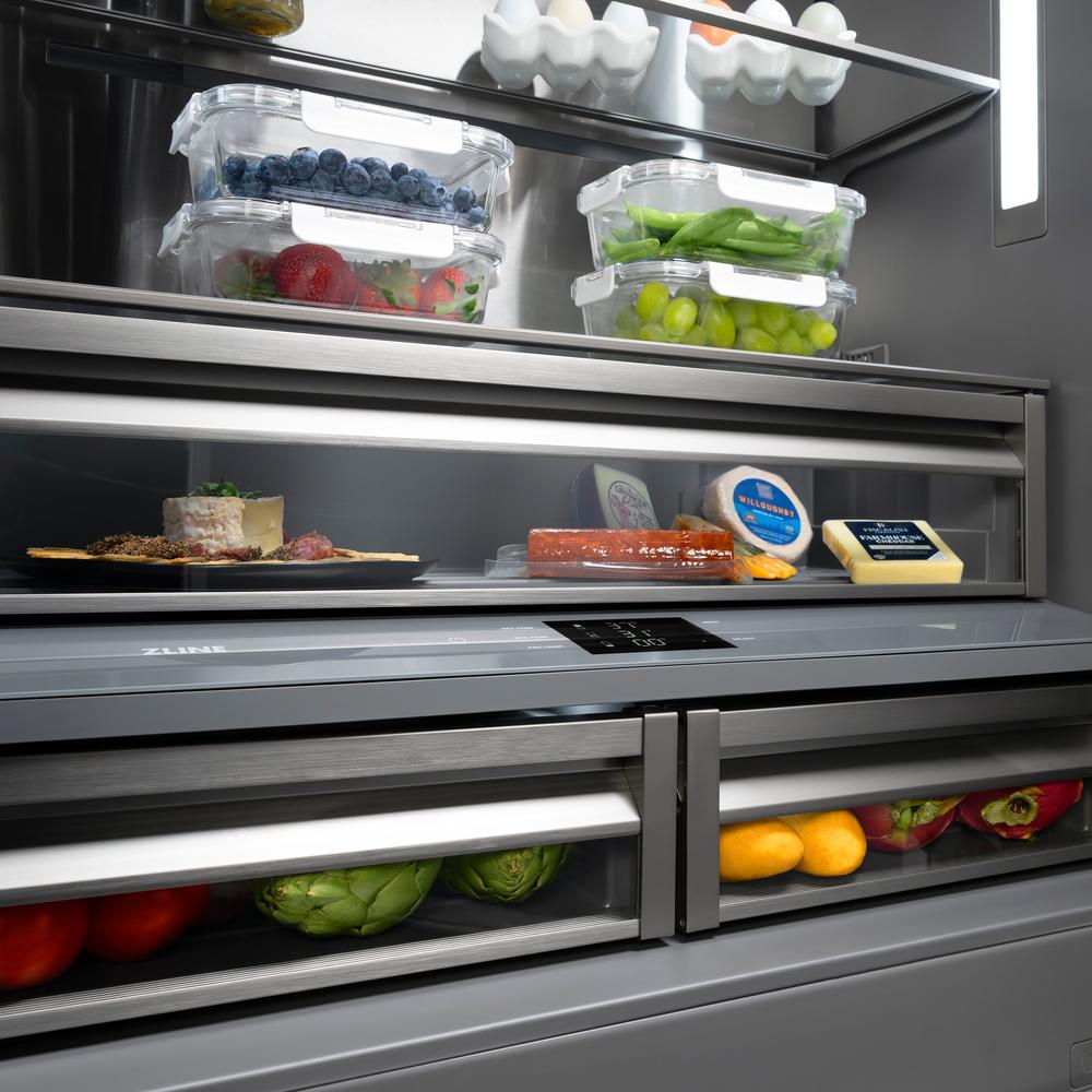 ZLINE Autograph Edition 36 in. 19.6 cu. ft. French Door Built-In Bottom Freezer Refrigerator with Water Dispenser and Ice Maker in Black Stainless Steel with Graphite Gray Interior and Champagne Bronze Accents (GRBIVZ-BS-36-CB) - (GRBIVZBS36CB) -
