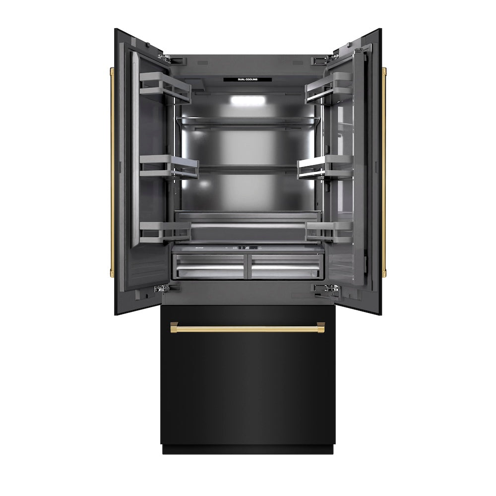 ZLINE Autograph Edition 36 in. 19.6 cu. ft. French Door Built-In Bottom Freezer Refrigerator with Water Dispenser and Ice Maker in Black Stainless Steel with Graphite Gray Interior and Polished Gold Accents (GRBIVZ-BS-36-G) - (GRBIVZBS36G) -