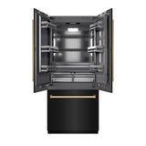 ZLINE Autograph Edition 36 in. 19.6 cu. ft. French Door Built-In Bottom Freezer Refrigerator with Water Dispenser and Ice Maker in Black Stainless Steel with Graphite Gray Interior and Polished Gold Accents (GRBIVZ-BS-36-G) - (GRBIVZBS36G) -