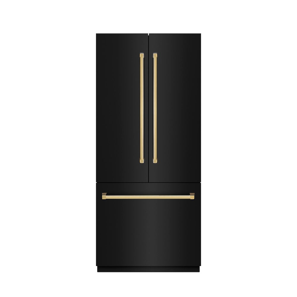 ZLINE Autograph Edition 36 in. 19.6 cu. ft. French Door Built-In Bottom Freezer Refrigerator with Water Dispenser and Ice Maker in Black Stainless Steel with Graphite Gray Interior and Polished Gold Accents (GRBIVZ-BS-36-G) - (GRBIVZBS36G) -