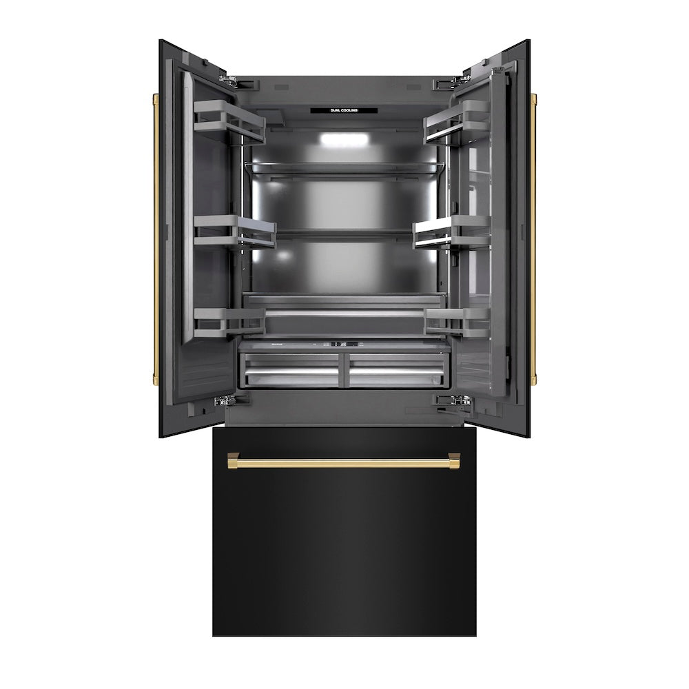 ZLINE Autograph Edition 36 in. 19.6 cu. ft. French Door Built-In Bottom Freezer Refrigerator with Water Dispenser and Ice Maker in Black Stainless Steel with Graphite Gray Interior and Polished Gold Accents (GRBIVZ-BS-36-G) - (GRBIVZBS36G) -