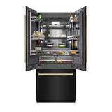 ZLINE Autograph Edition 36 in. 19.6 cu. ft. French Door Built-In Bottom Freezer Refrigerator with Water Dispenser and Ice Maker in Black Stainless Steel with Graphite Gray Interior and Polished Gold Accents (GRBIVZ-BS-36-G) - (GRBIVZBS36G) -