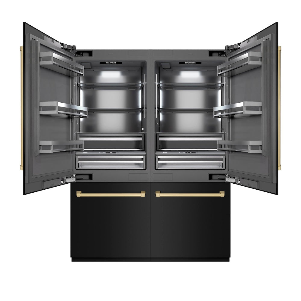 ZLINE Autograph Edition 60 in. 32.2 cu. ft. French Door Built-In Bottom Freezer Refrigerator with Water Dispenser and Ice Maker in Black Stainless Steel with Graphite Gray Interior and Champagne Bronze Accents (GRBIVZ-BS-60-CB) - (GRBIVZBS60CB) -
