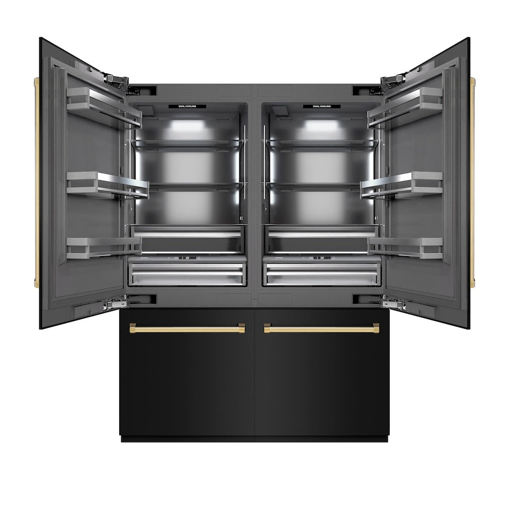 ZLINE Autograph Edition 60 in. 32.2 cu. ft. French Door Built-In Bottom Freezer Refrigerator with Water Dispenser and Ice Maker in Black Stainless Steel with Graphite Gray Interior and Polished Gold Accents (GRBIVZ-BS-60-G) - (GRBIVZBS60G) -