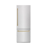 ZLINE Autograph Edition 30 in. 16.1 cu. ft. Built-In Bottom Freezer Refrigerator with Water Dispenser and Ice Maker in DuraSnow® Stainless Steel with Graphite Gray Interior and Champagne Bronze Accents (GRBIVZ-SN-30-CB) - (GRBIVZSN30CB) -